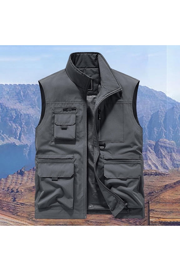 Mens Jackets Cargo Vest Sleeveless Zip Thin Hoodless Loose Casual Outdoor Hiking Sports Mens Gift,Gray,L