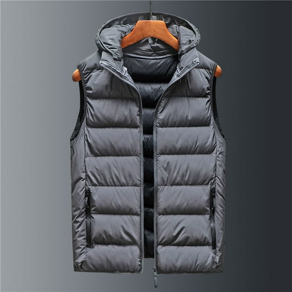 Tawop Mens Jackets Vest Cotton Sleeveless with Hood Pockets Casual Solid Winter Jackets for Men,Gray,XL
