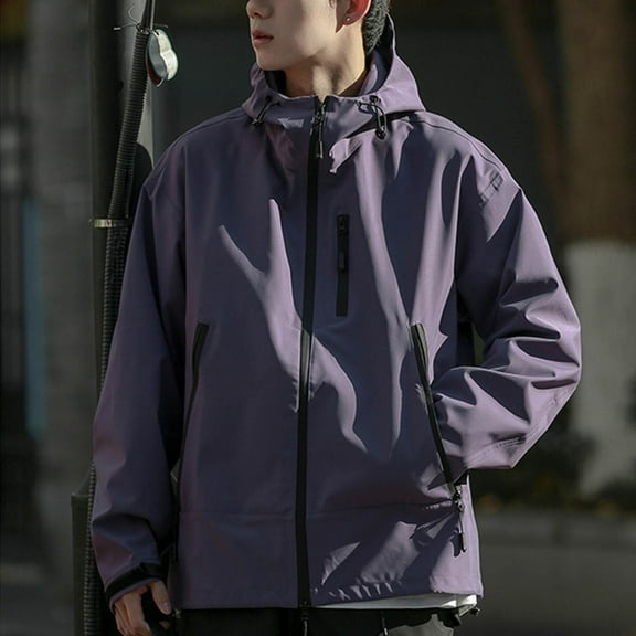Tawop Mens Jackets Wind Breaker Long Sleeve Zip with Hood Pockets Outdoor Hiking Windproof Solid Mens Clothing,Purple,M