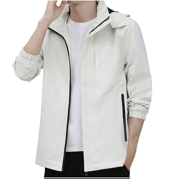 Tawop Mens Jackets Wind Breaker Long Sleeve with Hood Loose Casual Hiking Trendy Solid Mens Clothing,Beige,L