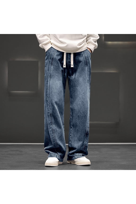 Mens Jeans Straight Stone Washed Drawstring Barrel Jeans with Pockets, (Men'S Or Men'S Big & Tall)
