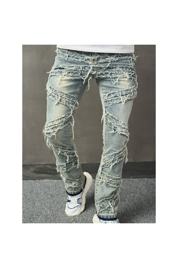 Mens Jeans Trendy Casual Shredded Jeans Stone Washed Ripped Straight Outside Denim Look Jeggings for Streetwear