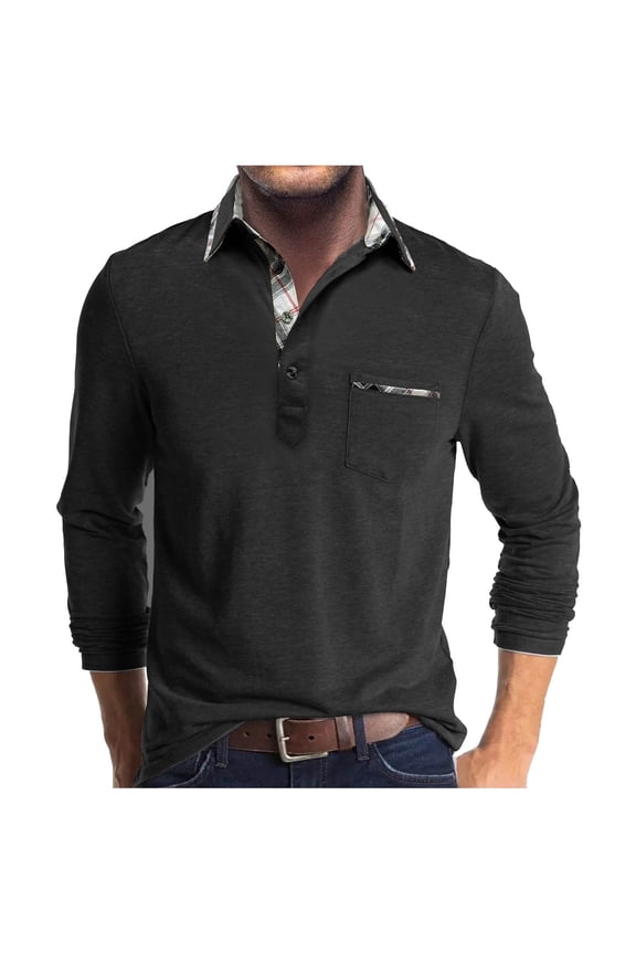 Mens Shirts Casual Stylish Mens Tees Long Sleeve P0l0 Shirts Mens T Shirts with Pockets Flip Collar Black L