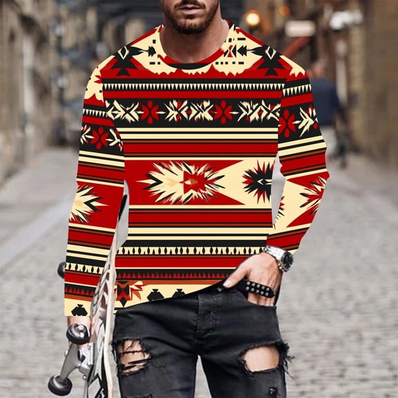 Tawop Mens Shirt Crew Neck Long Sleeve Pullover Graphic Retro Casual Red S