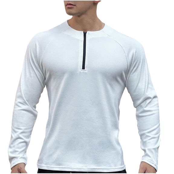 Tawop Mens Shirt Crew Neck Long Sleeve Solid Zip White XL