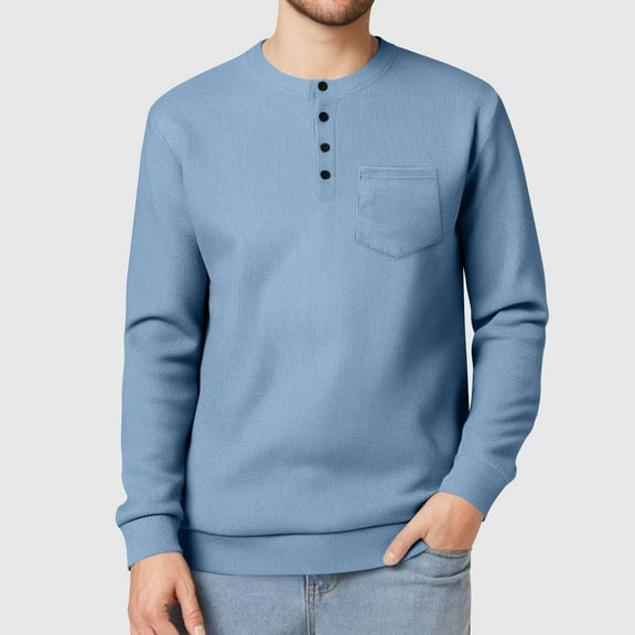 Tawop Mens Shirts Casual Mens Clothes Long Sleeve Crew Henley Waffle Knit Clothes Light Blue L