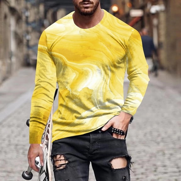 Tawop Mens Shirts Crew Neck Long Sleeve Graphic Gradient Yellow 3XL