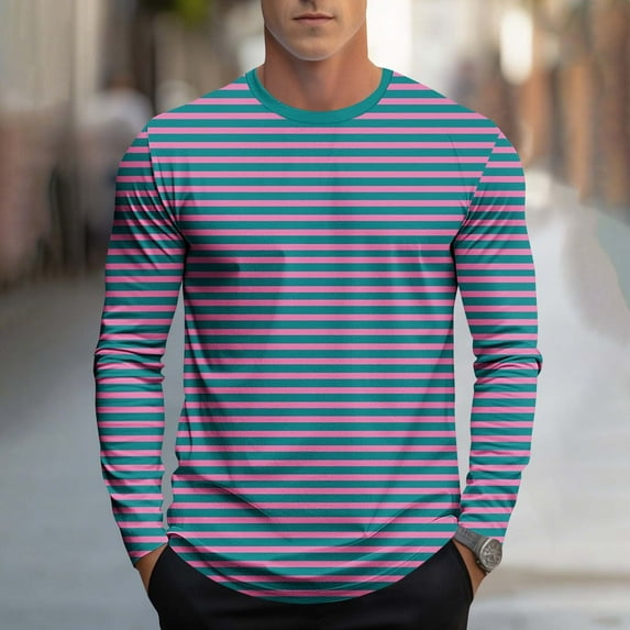 Tawop Mens Shirts Crew Neck Long Sleeve Graphic Striped Workout Casual Green XL
