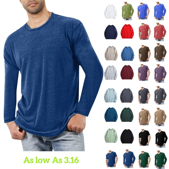 Tawop Mens Shirts Crew Neck Long Sleeve Solid Fitness Cotton Workout Blue L