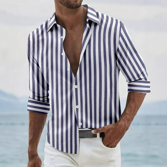 Tawop Mens Shirts Striped Casual Long Sleeve Shirts Button-Up Shirts ,Size L