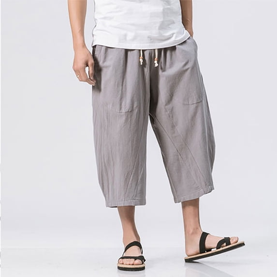 Tawop Mens Shorts Capri Cotton Linen Fashion Loose Relaxed, Gray, 4XL