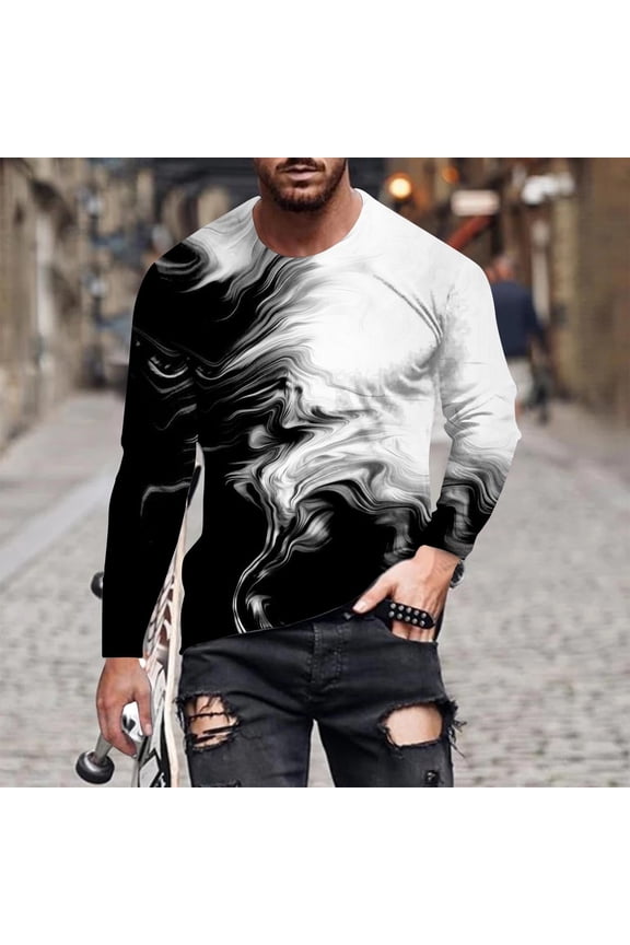 Mens T Shirts Crew Neck Long Sleeve Graphic Gradient Black XL