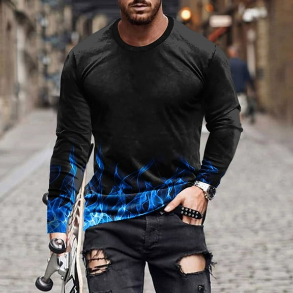 Tawop Mens T Shirts Crew Neck Long Sleeve Pullover Graphic Casual Blue 5XL