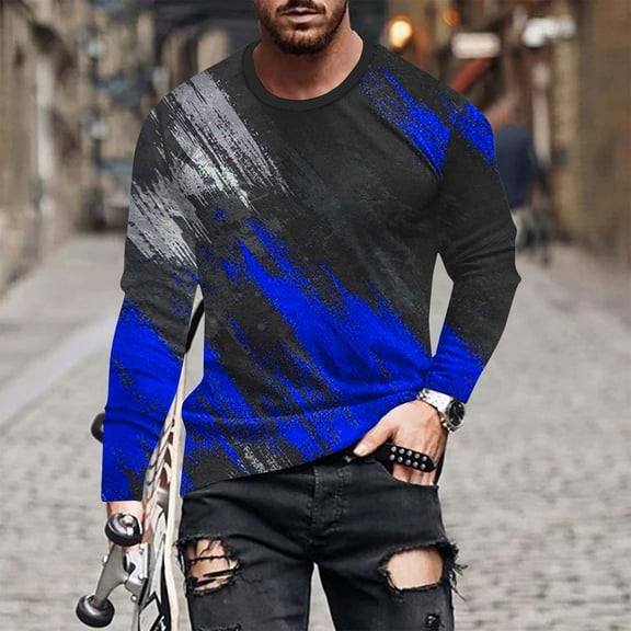 Tawop Mens T-Shirts Crew Neck Long Sleeve Pullover Graphic Casual Blue 5XL