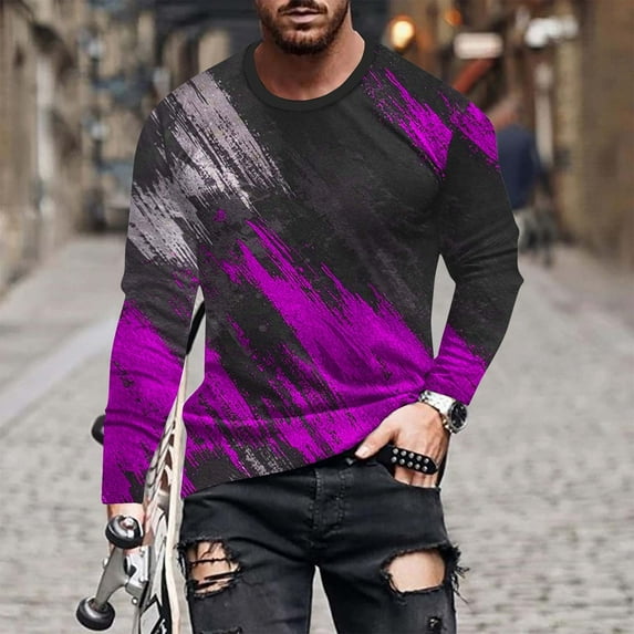 Tawop Mens T-Shirts Crew Neck Long Sleeve Pullover Graphic Casual Purple 3XL