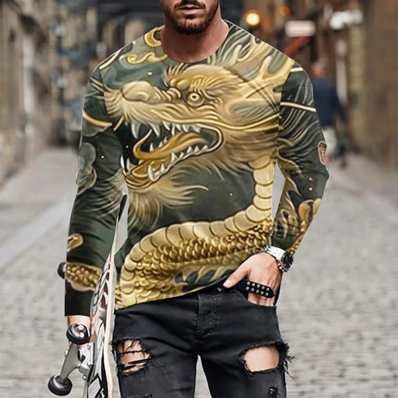 Tawop Mens T-Shirts Crew Neck Long Sleeve Pullover Graphic Dragon Casual Yellow XL