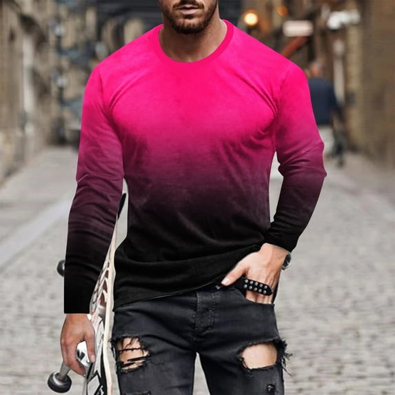 Tawop Mens T-Shirts Crew Neck Long Sleeve Pullover Graphic Gradient Casual Hot Pink XL