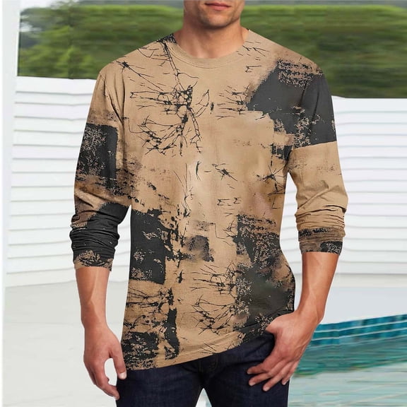 Tawop Mens T Shirts Crew Neck Long Sleeve Pullover Graphic Workout Casual Khaki 2XL