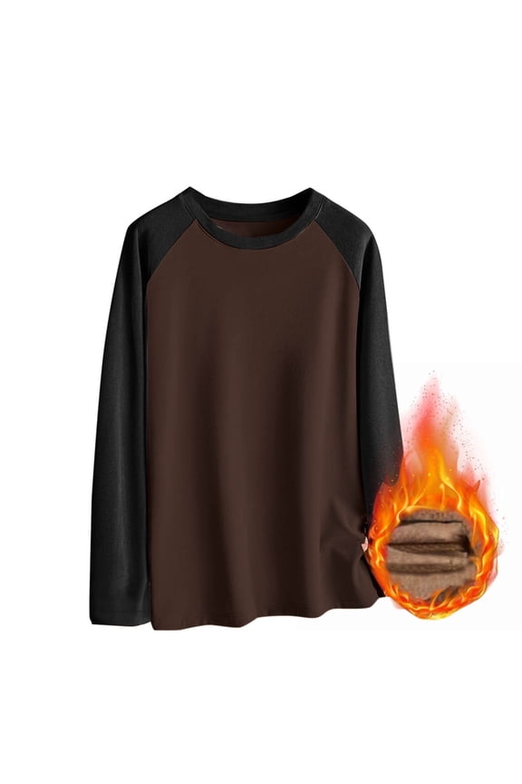 Mens T-Shirts Crew Neck Long Sleeve Warm Solid Casual Brown 2XL