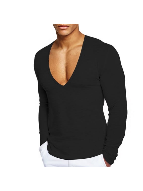 Mens T-Shirts Deep V Neck Long Sleeve Pullovers Deep V Neck Muscle Fitness Quickly Dry Cotton Strechy Workout Black 3XL