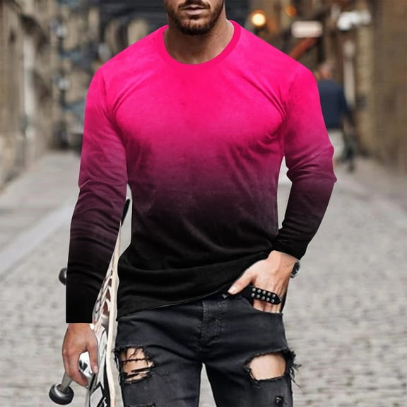 Tawop Mens Tshirt Crew Neck Long Sleeve Pullover Graphic Gradient Casual Hot Pink L