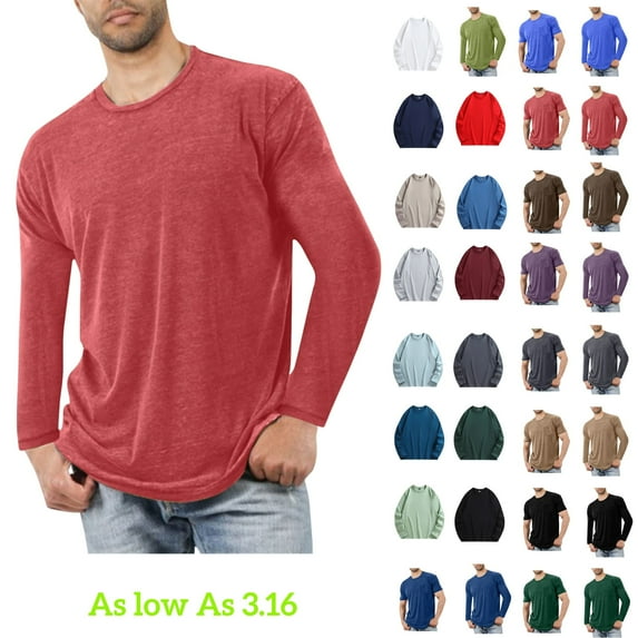 Tawop Mens Tshirt Crew Neck Long Sleeve Solid Fitness Cotton Workout Red 2XL