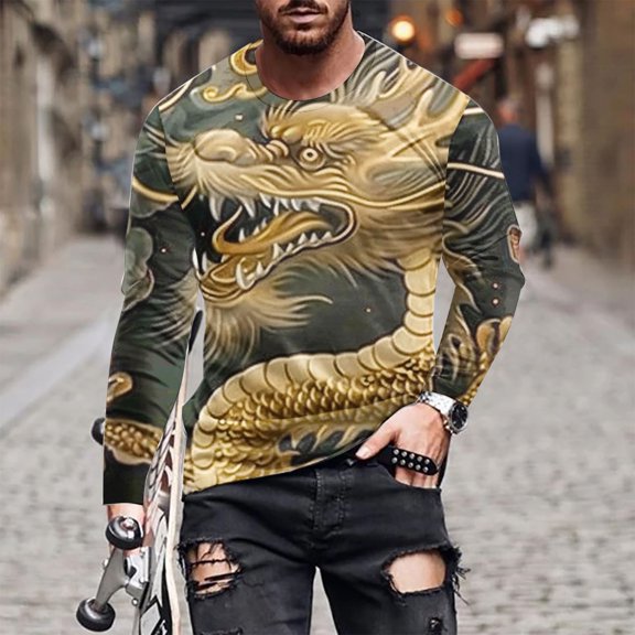 Tawop Mens Tshirts Crew Neck Long Sleeve Pullover Graphic Dragon Casual Yellow L