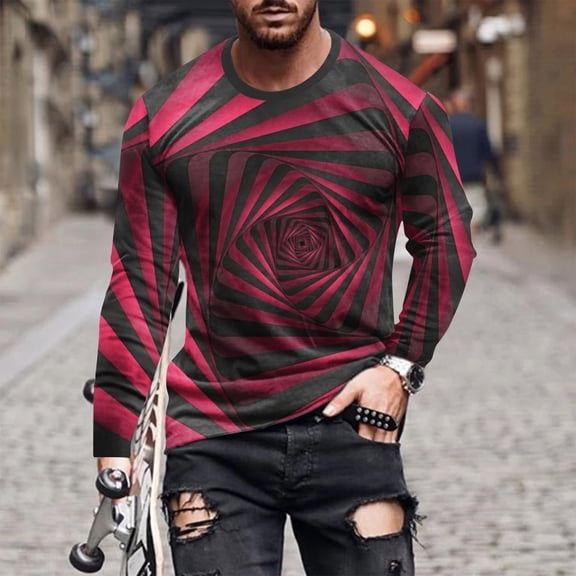 Tawop Mens Tshirts Crew Neck Long Sleeve Pullover Graphic Geometric Casual Wine L