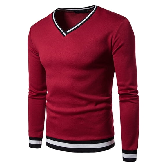 Tawop Mens Tshirts Long Sleeve V Neck Solid Casual Red L