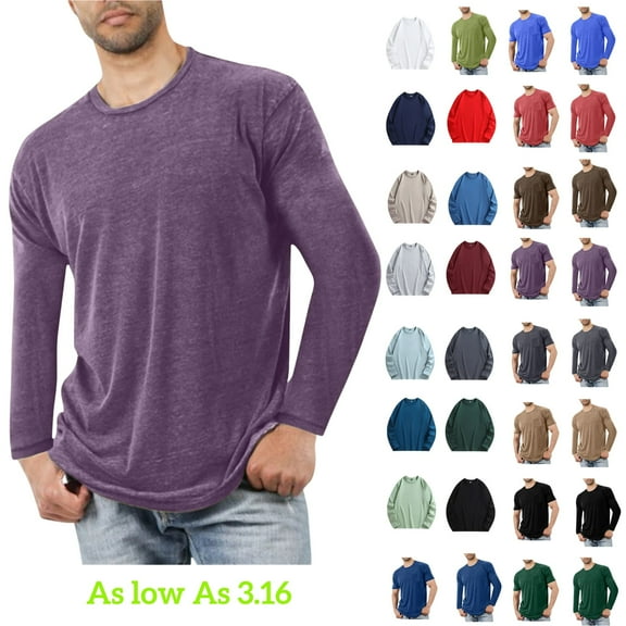 Tawop Mens Workout Shirts Tshirts Shirts for Men Crew Neck Long Sleeve Solid Fitness Cotton Purple 3XL