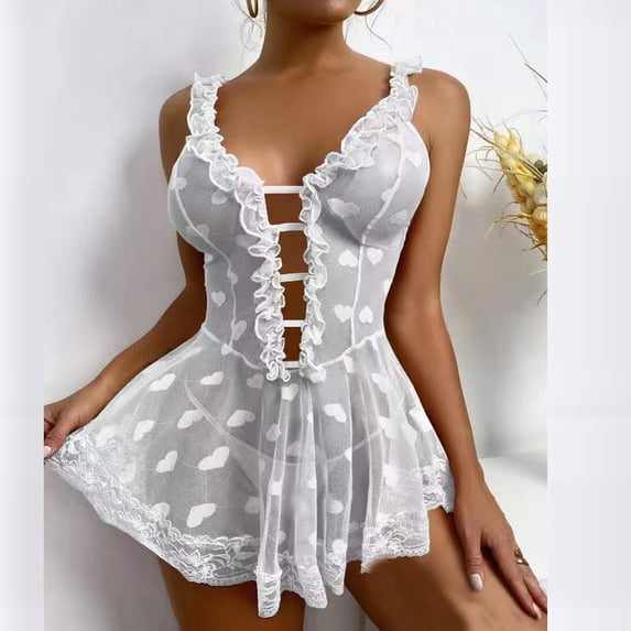 Tawop Mesh Babydoll Heart Printed Chemise Dresses Sheer Bodysuit Womens Lingerie