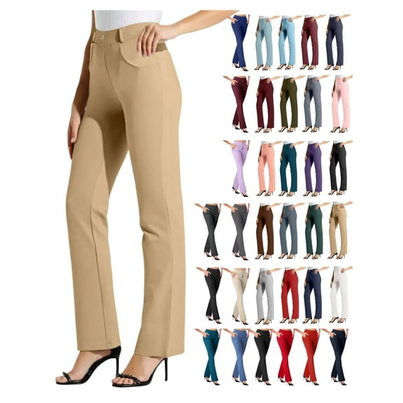 Tawop Pants for Women Women Dress Pants Elastic Waist Pull on with Pockets Straight Trousers Yellow L