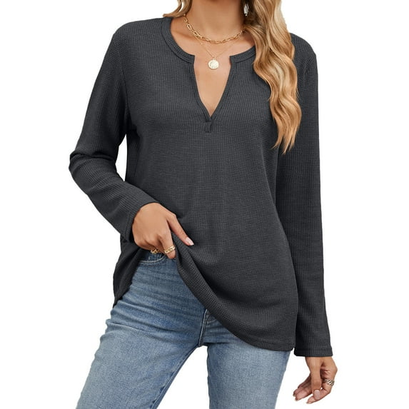 Tawop Womens Shirts Blouses for Women Henley Stripped Ribbed Long Sleeve Pullovers Dark Gray Xxl