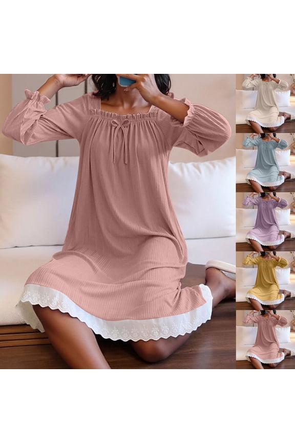 Ribbed Nightgowns for Women Square Neck Bow Fall Winter Womens Nightgown Long Sleeveknee Length(Beige,L)