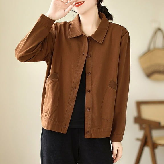 Tawop Shirts Button Down Shirts with Two Pockets Cargo Casual for Fall,Brown,Size L