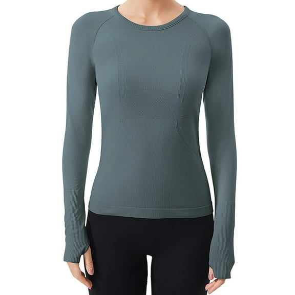 Tawop Shirts Long Sleeves Activewear Pullover Seamless Yoga Fitted Tops Crewneck Mitten-Cuff,Blue,Size S