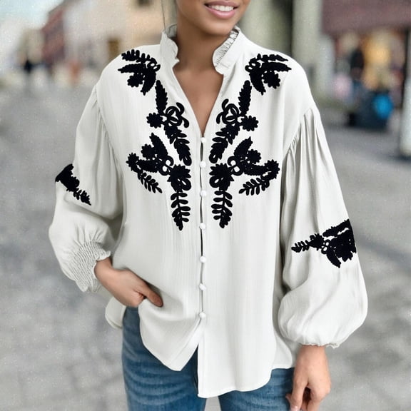 Tawop Shirts Long Sleeves Button Down Embroidery Floral Cardigans,White,Size M
