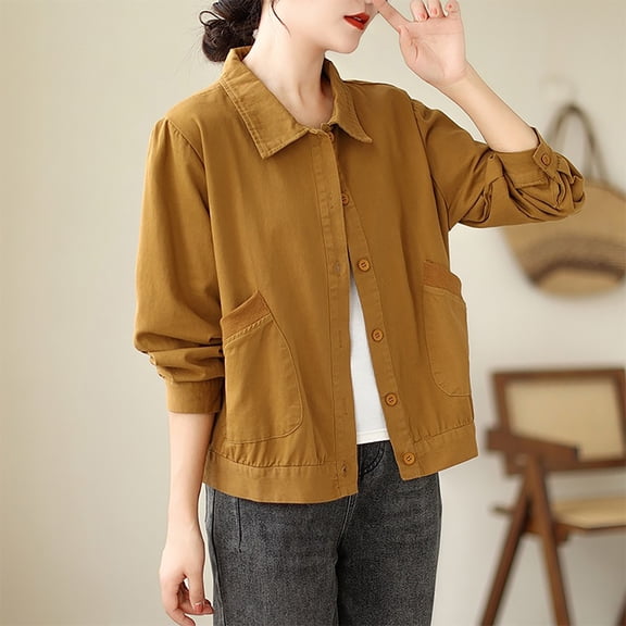 Tawop Shirts for Women Button Down Shirts with Two Pockets Cargo Casual for Fall,Yellow,Size L
