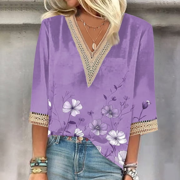 Tawop Shirts for Women Fashion Printed Shirt 3/4 Sleeves Blouse V Neck Casual Shirt Loose Top (Women'S & Women'S Plus)