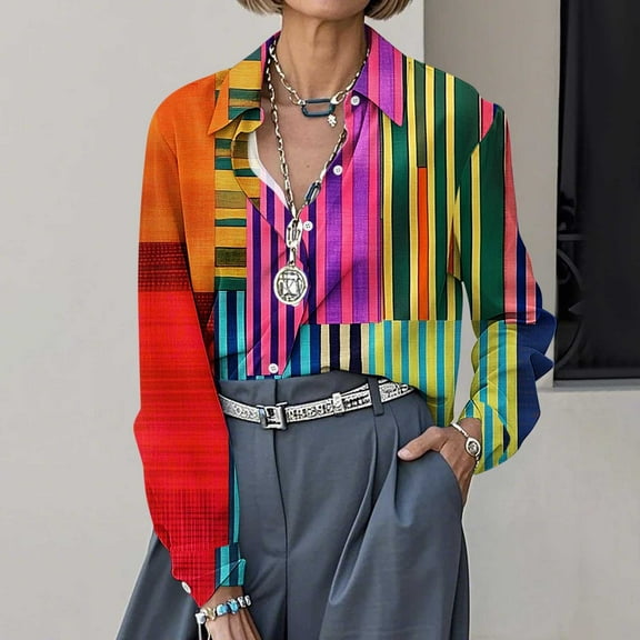 Tawop Shirts for Women Long Sleeves Lapel Collar Printed Elegant,Multicolor,Size L