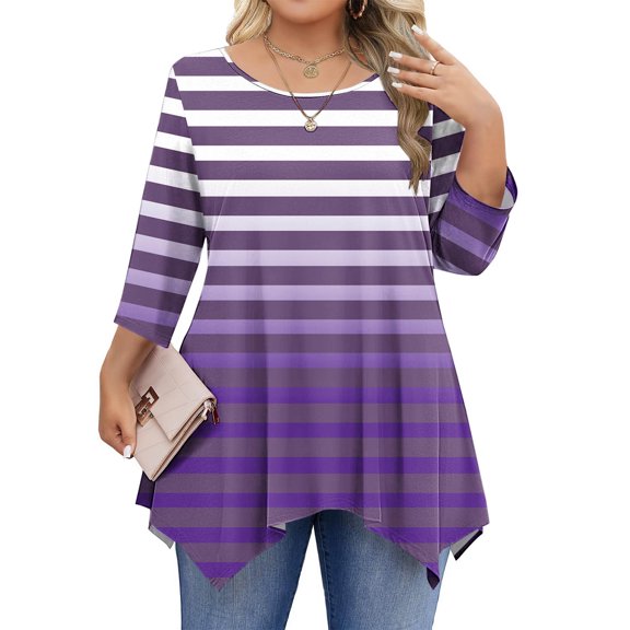 Tawop Shirts for Women Long Sleeves Round Neck Plus Size 3/4 Sleeve Loose Fit,Purple,Size L