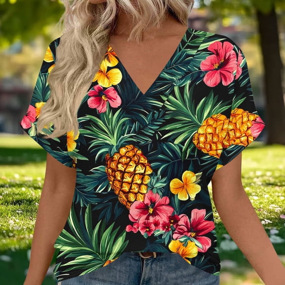 Tawop Shirts for Women Womens Fashion Casual Loose Printing Short Sleeve Out Blouse Funny V Neck Shirt Top Ladies