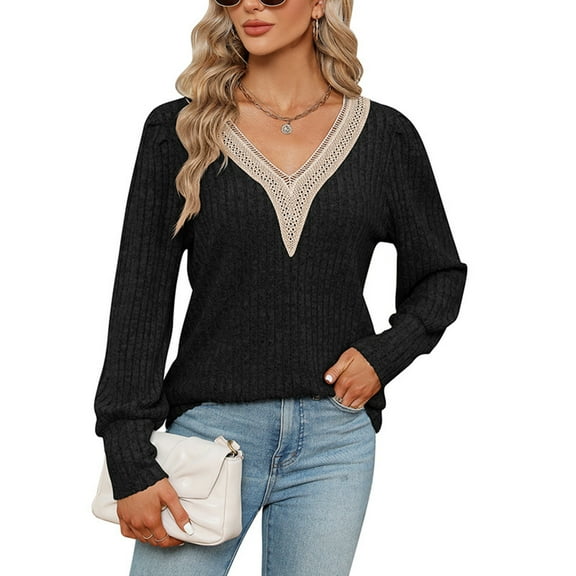 Tawop Shirts for Women Womens T Shirts Long Sleeve Loose V Neck Lace Black Xl(Us:10)