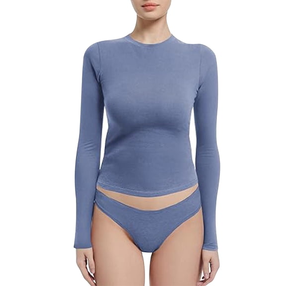 Tawop Shirts for Women Womens T Shirts Round Neck Long Sleeve Solid Pajamas Set Two-Piece Blue S(Us:6)