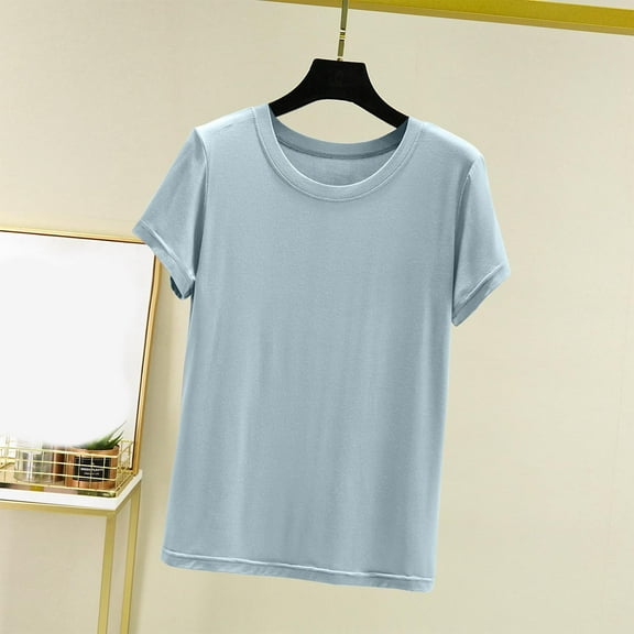 Tawop Shirts for Women Womens T Shirts Round Neck Short Sleeve Solid Pajamas Thin Blue L