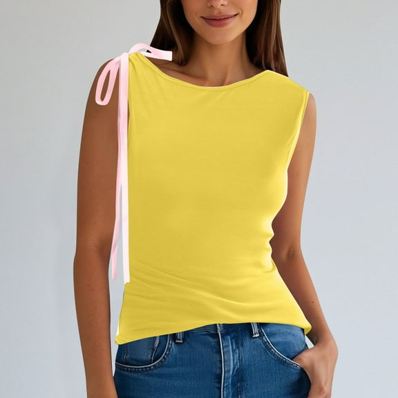 Tawop Shirts for Women Womens T Shirts Round Neck Solid Tank Bow Yellow S