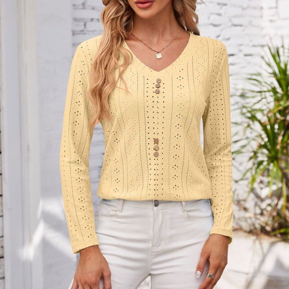Tawop Shirts for Women Womens Tee Shirts Long Sleeve Solid Loose V Neck Button Yellow S(Us:4)
