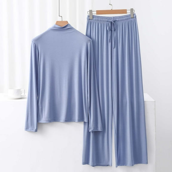 Tawop Shirts for Women Womens Tee Shirts Round Neck Long Sleeve High Neck Wide Leg Solid Loose Summer Lace Modal Set Two-Piece Blue Xl