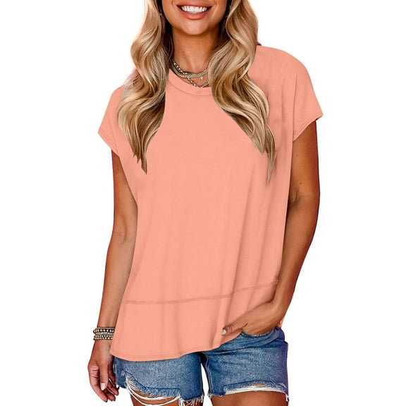 Tawop Shirts for Women Womens Tee Shirts Round Neck Short Sleeve Solid Hem Split Pink S