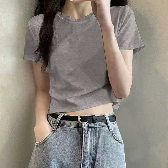 Tawop Shirts for Women Womens Tee Shirts Round Neck Short Sleeve Solid Pullover Crop Gray M
